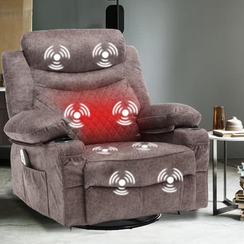 linting Electric Swivel Rocker Recliners with Massage and Heat for Adults Fabric Overstuffed Power Swivel Recliner with Cup Holders USB Port, Rocking Glider Chairs Brown