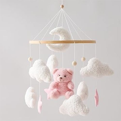 EERKEOD Baby Crib Mobile Bear Nursery Mobile for Boys Girls Teddy Velvet Mobile Nursery Decor for Infant Bedroom Hanging Baby Mobile for Bassinet Newborn Baby Gift(Pink Bear)