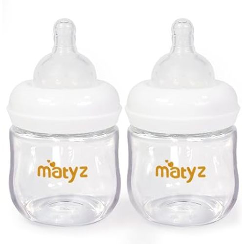 Matyz 2-Pack Glass Baby Breastfeeding Bottles With Caps (White, 4Oz) - Wide Neck New Born Bottles For Baby Breastfeeding - Breastfeeding Bottles For Newborn Babies - 4 Oz Glass Baby Bottles 0-3 Months