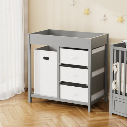Ebern Designs 34.3“ H X 34" W Wooden Changing Table for Baby with Fabric Laundry Hamper and Drawers & Reviews | Wayfair