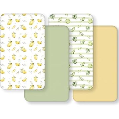 FIEMOL Baby Crib Sheets for Boys and Girls, Toddler Bed Sheets Fitted for 52”x28”Standard Crib and Toddler Mattresses, 4 Pack Soft Stretchy Microfiber Yellow Green Lemon
