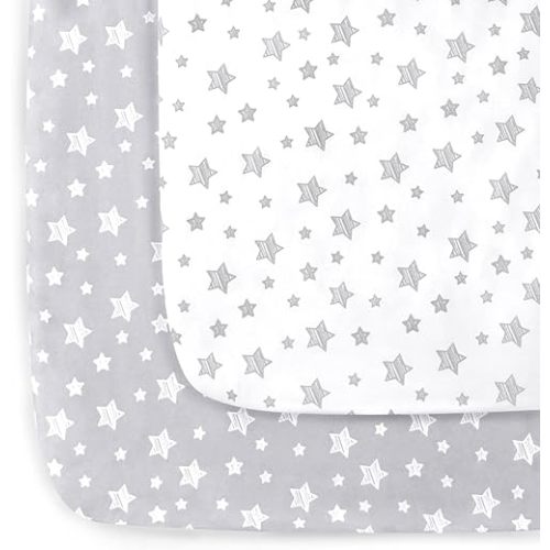 Mini Crib Sheets, 2 Pack Pack and Play Sheets, Stretchy Playard Fitted Sheet, Compatible with Graco Pack n Play, Soft and Breathable Material, Grey & White