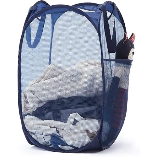 Collapsible Pop Up Laundry Basket, Hamper with Sturdy Handles and Side Pocket - Mesh Portable Foldable Dirty Clothes Hamper for Dorm, Laundry room, Bathroom and Travel Storage, Navy Blue