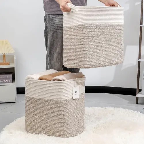 Toy Storage Baskets for Clothes Fabric Cotton Rope Storage Basket with Handles, Decorative Woven Basket for Living Room,Closet Organizer Blankets, and Toys (White Brown 2bags)