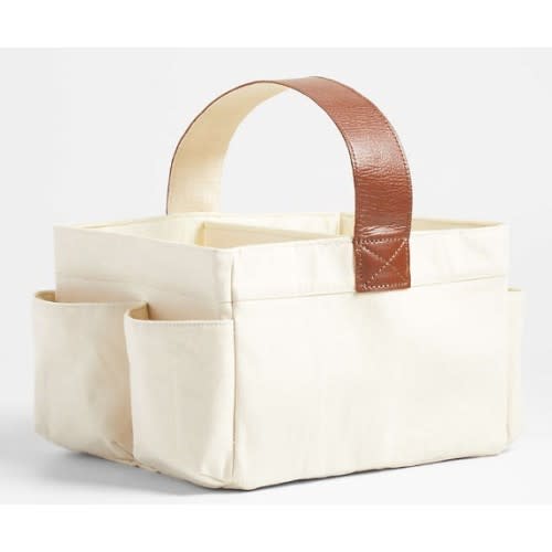 Canvas Diaper Caddy Organizer with Brown Leather Handle