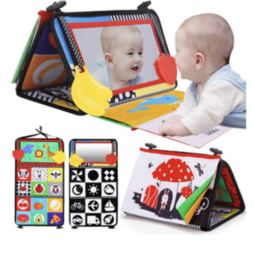 Tummy Time Baby Mirror Infant Toys Newborn 0 3 Months Brain Development with Crinkle Cloth Book Teether Black and White High Contrast Baby Toys 2 4 5 0-6 Month Boys Girls Sensory Activity Shower Gifts