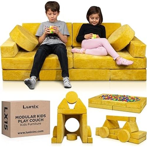 Lunix LX15 14pcs Modular Kids Play Couch, Child Sectional Sofa, Fortplay Bedroom and Playroom Furniture for Toddlers, Convertible Foam and Floor Cushion for Boys and Girls, Yellow