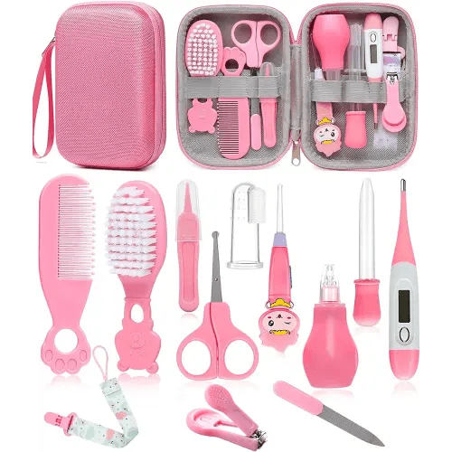 Baby Healthcare and Grooming Kit, Safety Newborn Nursery Baby Care Kit, with Hair Brush Comb, Nail Clipper, Thermometer, Pacifier Clip, Baby Registry Search, Newborn Essentials Girls Boys (Pink)
