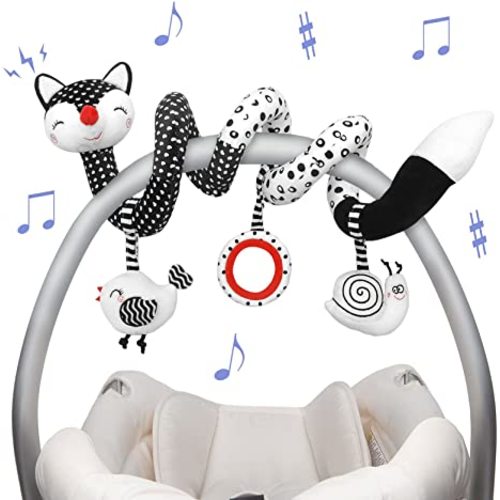 Euyecety Baby Spiral Plush Toys, Black White Stroller Toy Stretch & Spiral Activity Toy Car Seat Toys, Hanging Rattle Toys for Crib Mobile, Newborn Sensory Toy Best Gift for 0 3 6 9 12 Months Baby-Fox