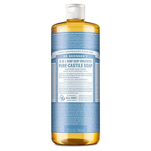 Dr. Bronners - Pure-Castile Liquid Soap (Baby Unscented, 32 Ounce) - Made with Organic Oils, 18-in-1 Uses: Face, Hair, Laundry, Dishes, For Sensitive Skin, Babies, No Added Fragrance, Vegan, Non-GMO - 32 Fl Oz (Pack of 1)