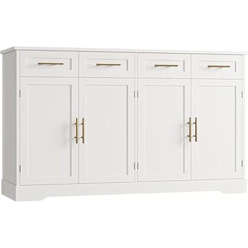 HOSTACK 60" Large Buffet Sideboard with Storage, 36" Tall Kitchen Buffet Storage Cabinet with 4 Drawers, Modern Coffee Bar Cabinet with Gold Handles, Long Sideboard Buffet Table for Kichen, White