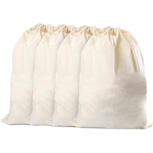 Canvas Cloth Cotton Laundry Bag Set - Washable & Reusable - Lightweight Oval Shaped 100% Cotton Canvas Cloth Laundry Bag for Travel & Home with Drawstring (Pack of 4) (Natural Color)