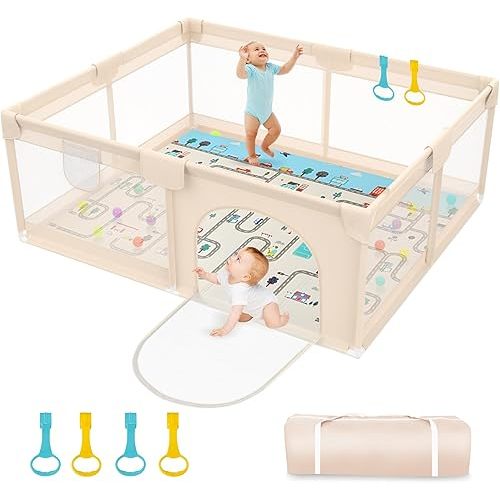 Baby Playpen with Mat 79x71inch - Extra Large Play Pen for Babies and Toddlers Indoor & Outdoor Baby Playard with Soft Breathable Mesh Cover - Sturdy Foam Infant Gate Playpen(Apricot)