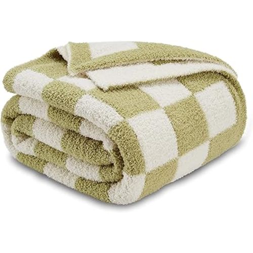 CozeCube Super Soft Fullfy Microfiber Reversible Knitted Blankets, Warm Cozy Fuzzy Plush Throw, Sage Green and White Checkered Throw Blanket for Couch Bed Sofa, 50" x 60"