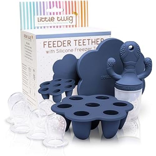 Little Twig Baby Fruit Feeder Pacifier Teether | Food Freezer Tray with Lid | BPA Free Silicone Freezable Teether | Feeding Set for Breast Milk Ice Cubes, Baby Food, Fruit Purees (Steel Blue)
