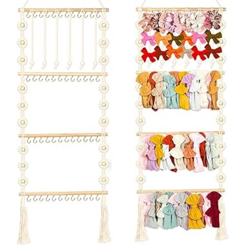 Headband Holder - Bow Holder for Baby Girl – Macrame Bow Organizer for Baby Girl w/ 48 Metal Hooks, 6 Slings & Wooden Bead – Space Saving Baby Bow Organizer – Ideal Baby Bow Holder for Expecting Moms