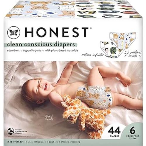 The Honest Company Clean Conscious Diapers | Plant-Based, Sustainable | All The Letters + It's a Pawty | Club Box, Size 6 (35+ lbs), 44 Count