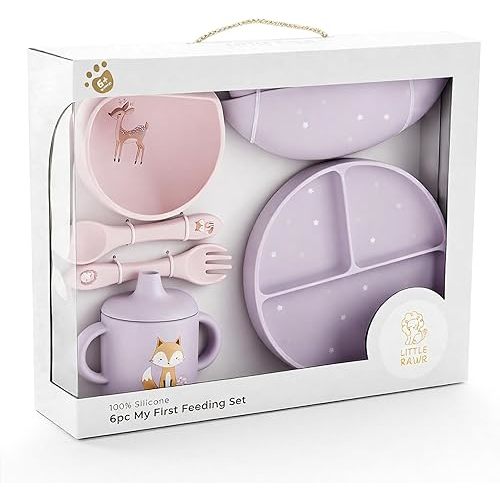 Little Rawr Baby Led Weaning Bundle, 100% Silicone Baby Feeding Set Includes Divided Plate, Suction Bowl, Straw Cup, Bib, Spoon & Fork, Develops Self Feeding Skills, Dishwasher Safe (Purple)