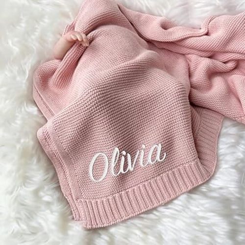 IZI POD Personalized Knit Baby Blanket, Custom Baby Name Blanket, Newborn Baby Gift, Cotton Knit, Christening Baptism, Newborn Outfit, Birtday, Mothers Day, Christmas