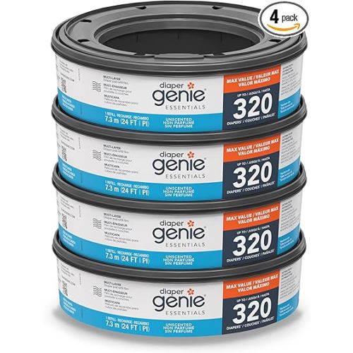 Diaper Genie Essentials Round Refill Pack of 4 | Holds Up to 1280 Newborn Diapers | Features Unscented Continuous Film | Compatible with Diaper Genie Complete and Expressions Pails