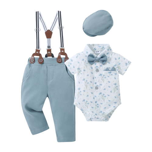 CARETOO Baby Boy Clothes Suits Gentleman 0-24M Dress Romper Suspender Pants Bow Tie Beret Hat Outfit