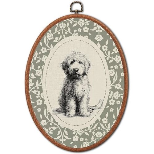 Vintage Goldendoodle Floral Dog Oval Wall Art Framed Decor Accents