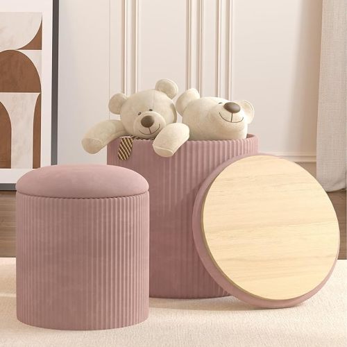 Upholstered Round Storage Ottoman Set of 2 for Bedroom Living Room Dorm, Multifunctional Pink Velvet Ottoman Foot Rest Stool Coffee Table, Vanity Stool Chair for Vanity Desk