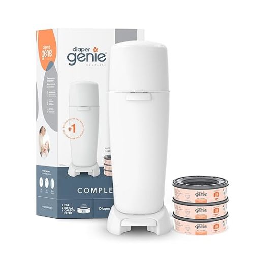 Diaper Genie Complete Diaper Pail (White) with Odor Control | Includes 1 Diaper Trash Can, 3 Refill Bags, 1 Carbon Filter - Pail + 3 Refill