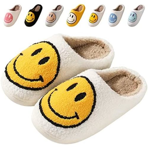 Smile Face Slippers for Women - Soft Plush Retro Preppy Slip-on Comfortable Indoor/Outdoor Shoes