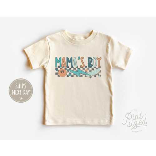 Mama's Boy Toddler Shirt - Boys Checkered Tee - Retro Natural Kids Shirt