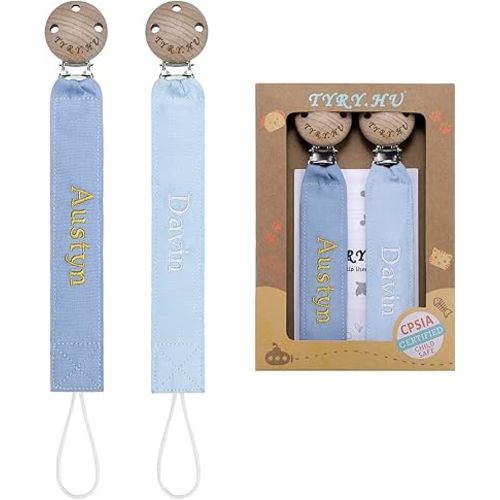 TYRY.HU Personalized Pacifier Clip with Name, Embroidery Pacifier Holder for Baby Girls and Boys, Neutral Binky Clips Universally Fit All Pacifiers & Baby Toys, Baby Gift, 2 Pack(Blue,Light Blue)
