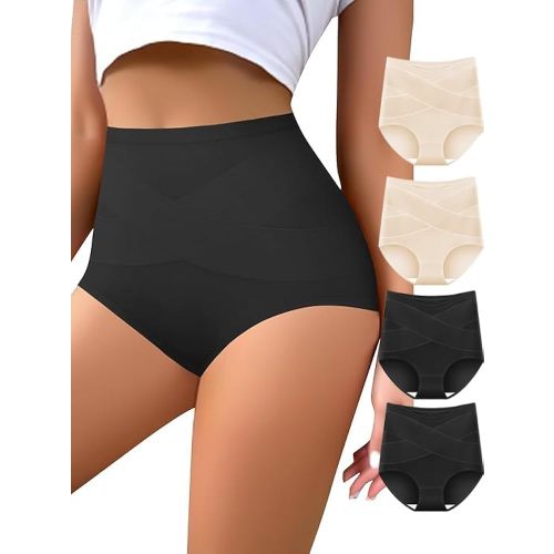 Women's High Waisted Underwear Slightly Tummy Control Cotton Panties Full Coverage Postpartum Briefs 4 Pack