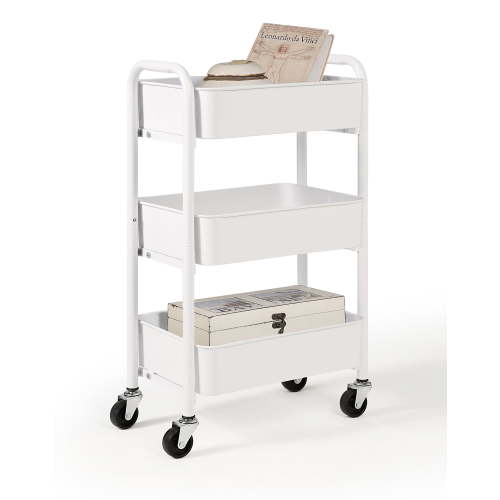 SunnyPoint 3-Tier Compact Rolling Metal Utility Cart with Caster Wheels, White