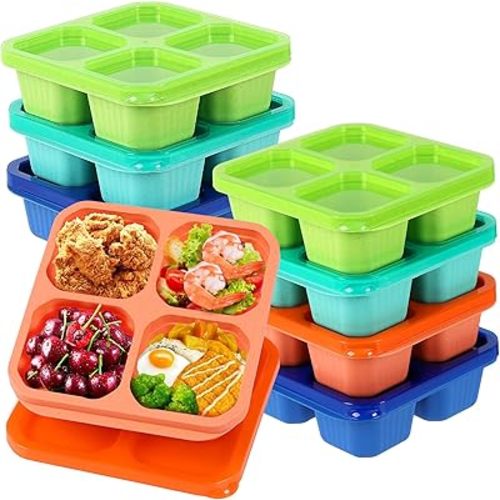 8 Pack Bento Snack Containers Set, 4 Compartment Food Storage Containers ,Wheat Straw Meal Prep Lunch Box ,Plastic Food Storage container, Microwave and Dishwasher Safe (Bright color)