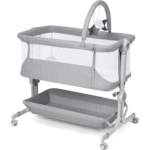 Cowiewie Baby Bassinet Bedside Sleeper with Storage Basket,Wheels & Hanging Toys - Quilted