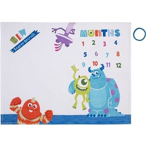 Disney Monsters, Inc. White, Blue, and Green, New Scarer Recruit Super Soft Photo Op Milestone Baby Blanket