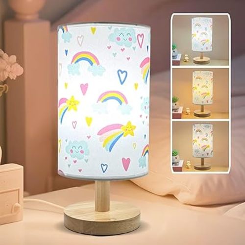 Rainbow Lamp for Girls Bedroom,Gifts for Girls-3 Color Modes Nightstand Night Light Lamp,Wood Base Flaxen Fabric Shade Desk Reading Lamp for Bedroom Living Room Office Christmas Gifts for Girl