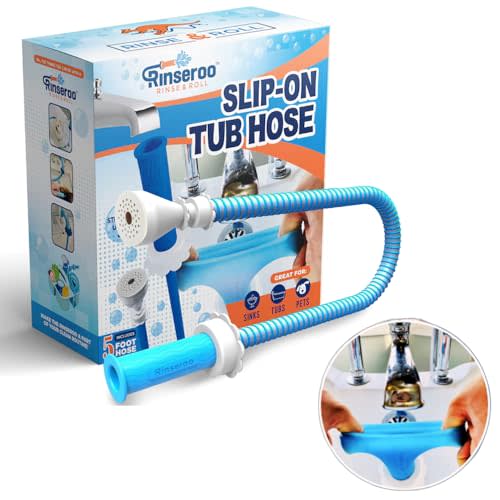 Rinseroo - No-install Tub Faucet Sprayer Attachment for Spouts up to 3'' Wide – 5 Foot Ultra Flex Shower Hose Attachment for Sink, Hair Washing, Baby Bath, Pet Care & More - Easy Portable Bathtub Hose