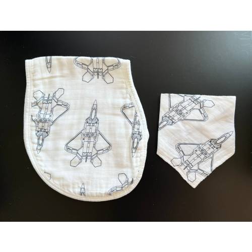 F-22 Blueprint Fighter Jet Bandana/Drool Bib + Burp Cloth Set in Navy or Mauve