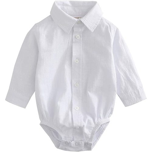 MOMOLAND Infant Baby Boys Woven Button Up Bodysuit Shirt - Linen White - 0-3 Months