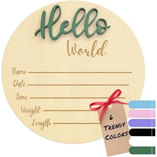 Baby Announcement Sign – 6” Wooden Hello World Newborn Name Sign, Hospital Birth Stat Plaque, Gender-Neutral Welcome Baby Keepsake, Personalized Photo Prop for Boys & Girls, Newborn Gift (Green)