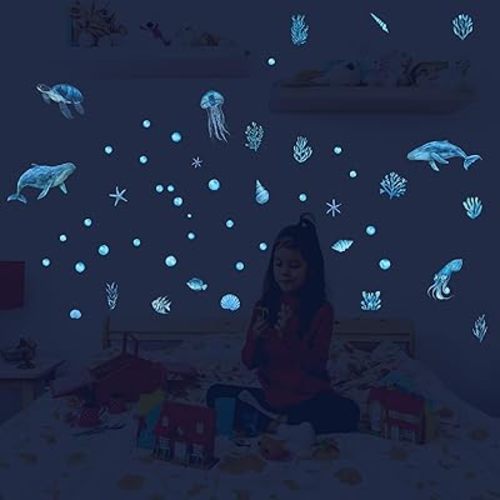 Glow in The Dark Under The Sea Wall Decals,Glow Whale Ocean Bubbles Wall Stickers,Ocean Animals Art Decals,for Baby Nursery Kids Boy Girls Room Bedroom Bathroom Daycare Playroom Classroom Decor