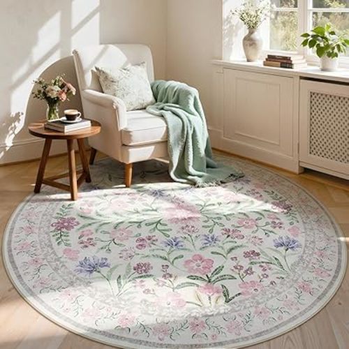Lahome Purple 6 ft Circle Rug Washable, Floral Accent Round Rug for Girls Bedroom Decor, Non-Slip Accent Circular Carpet for Nursery Calm Corner Seating Area