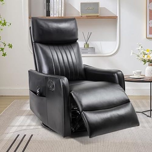 Swivel Rocker Recliner Chair, 360° Swivel Recliner with Heat and Massage, Rocker Recliner Nursery Glider Chair with Side Pockets for Living Room (Black, Faux Leather)