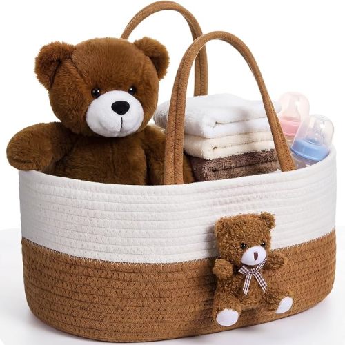 FoldTier Diaper Caddy Organizer Teddy Bear Basket for Nursery with Handle Baby Shower Storage Bin Portable Cotton Rope Gift Bag for Changing Table Cart Car Baby Wipes Newborn Essentials (White Brown)