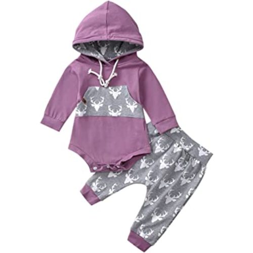 Calsunbaby Newborn Baby Boy Girl Long Sleeve Deer Romper Pullover Hooded Tops Pants 2Pcs Sweatshirt Outfits Set