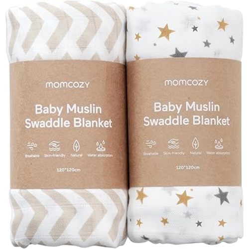 Momcozy Muslin Swaddle Blankets, Ultra Soft Neutral Swaddle Blanket, Cotton & Breathable Bamboo Derived from Viscose, Large Baby Infant Newborn Boys Girls Swaddling Receiving Blanket, Bling Star