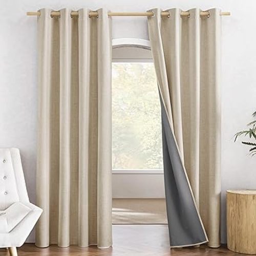 NICETOWN Cream 100% Blackout Linen Curtains 84 inch Long Burg for Living Room, 1 Pair, 52" Width Each Panel, Farmhouse Thick Completely Blackout Window Treatment Thermal Insulated Drapes