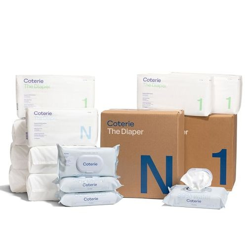 Coterie Baby Diapers + Wipes Baby Kit, Size 1 (198 Count) Size Newborn (93 Count) 4 Wipe Packs (224 Wipes) Made with Plant-Based Fibers, Hypoallergenic, Designed for Sensitive Skin, Clean Ingredients - Size N + Size 1 (198 count) + Wipes