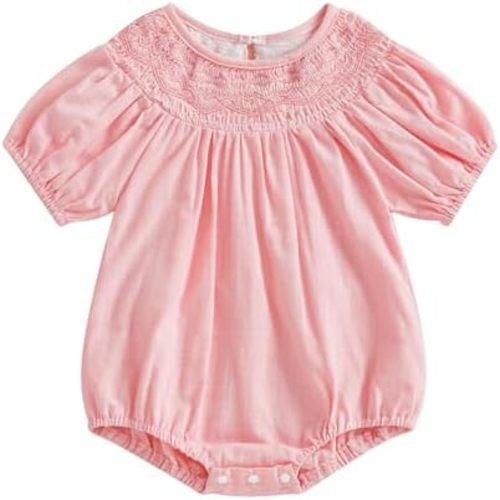 Baby Girl Smocked Bubble Romper Summer Embroidery Puff Sleeve Bodysuit Cotton Infant Clothes